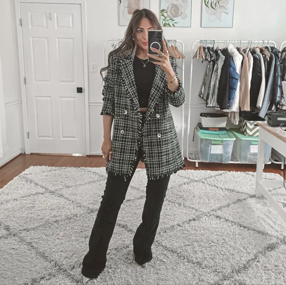 DKNY tweee Black And White Classic Double Breasted Blazer Size 10 - Picture 2 of 10